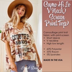 Camo Hi Lo V Neck Screen Print Top